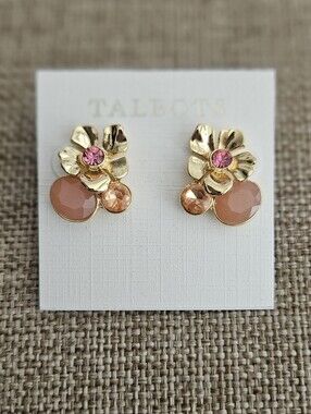 Talbots Gold Floral Stud Earrings with Pink and Peach Stones NWT